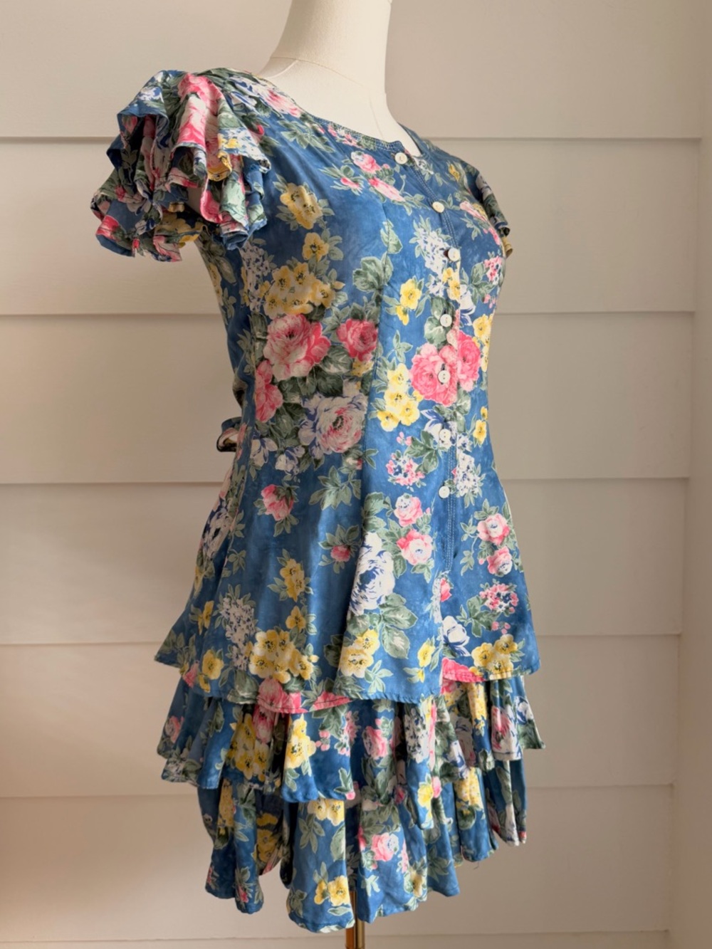 Vintage Floral Print Ruffle Hem Mini Dress XS - Picture 4 of 7